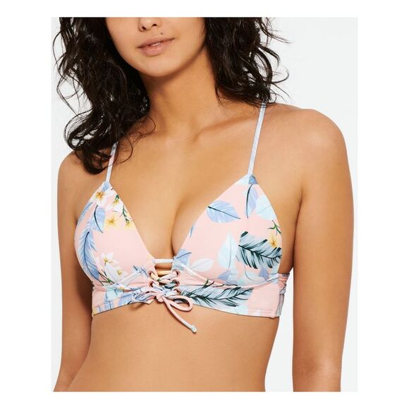 HULA HONEY Women's Pink Lace Front Push-Up Deep V Neck Tie Moana Swimsuit Top S - Picture 1 of 1